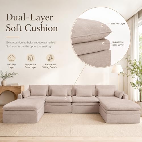 Image of WJShome Modular Sectional Sofa, Deep Seat V-Shaped Cloud Couch with Water-Resistant & Stain-Resistant Fabric, Removable Washable Covers,Modern Sleeper Sofa for Living Room, Apartment, Khaki