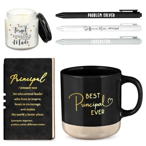 Didaey 7 Pcs Best Principal Ever Gifts for Women Men Thank You Principal 13oz Ceramic Cup Journal with Inspirational Candle Ballpoint Pens Appreciation Day Graduation Black