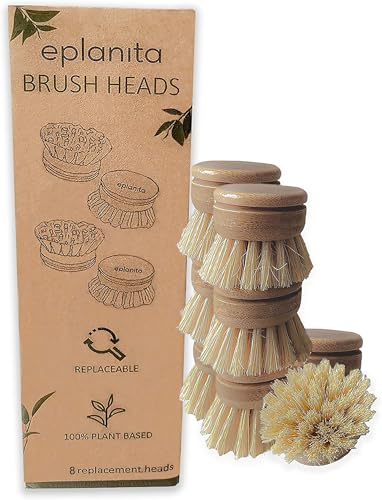 eplanita Replacement Brush Heads for Bamboo Dish Brush, Sisal Bristle Refills, Agave Cactus Fibres, Kitchen Eco Scrubber, Plastic Free Washing Up, Zero Waste Cleaning (8 Pack)