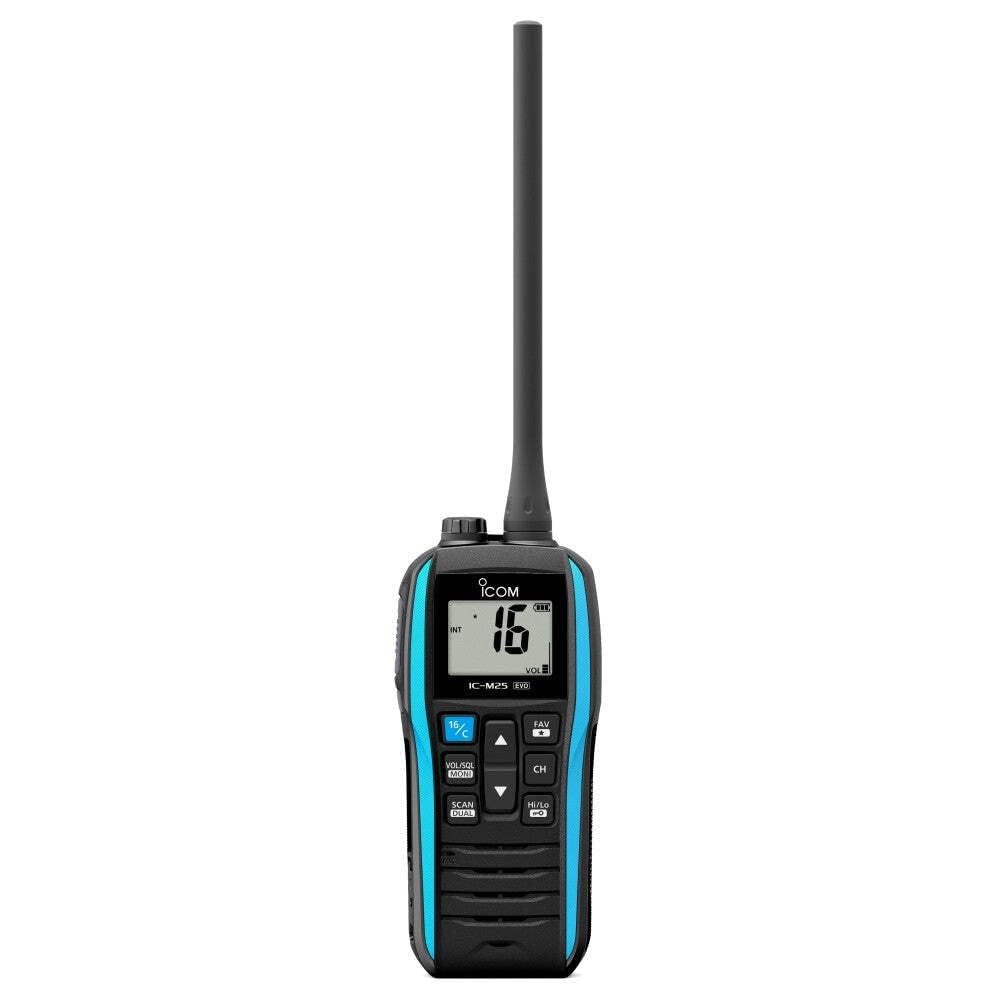 ICOM IC-M25 Euro EVO Radio VHF Marine – mince, flottant et étanche avec charge USB-C | Radio bidirectionnel marin portable, longue durée de vie de la batterie – pour la voile, le kayak, le jet-ski, la
