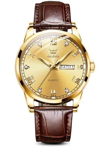 Image of OLEVS Brown Mens Leather Watch Dress Casual Day Date Quartz Wrist Watch
