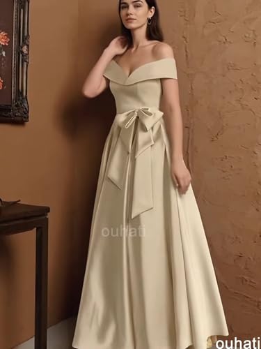 Tea Length Satin Mother of Bride Dresses with Bow Off Shoulder Formal Evening Party Dress for Wedding4
