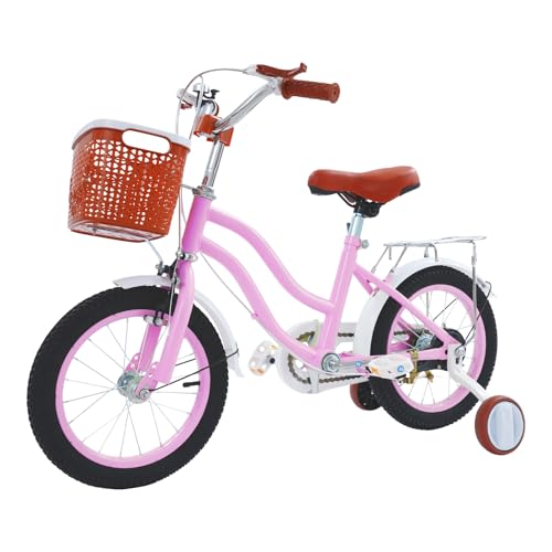 GXSFLG Vélo enfant de 14 pouces, avec roues stabilisatrices et panier en rose, pour garçons et filles de 3 à 7 ans, siège réglable en hauteur, système de...
