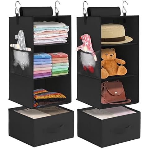 punemi 2 Pack 3-Shelf Hanging Closet Organizer and Storage, Hanging Closet Storage Organizer with Drawers, Foldable Hanging Shelves for Closet, Wardrob, 22.8" D x 11" W x 11" H, Black Cover