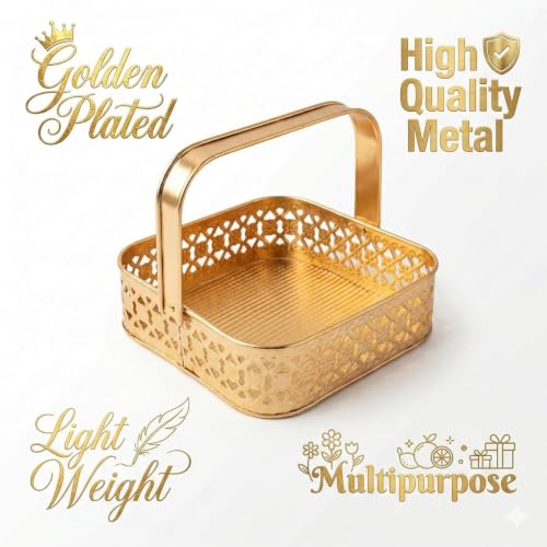 Image of Multipurpose Metal Basket For Gift Hamper, Pooja Temple Storage With Sturdy Handle, Decorative Flower Organizer & Versatile Puja Utility Accessories Home Decoration (Square Small 15cm)