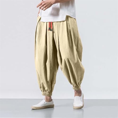 Pohullan Men Linen Harem Pants Men Solid Elastic Waist Streetwear Calf-Length Joggers Casual Trousers4