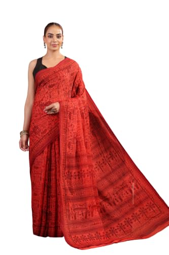 Image of TAMAIRA FASHION Off White Mulmul Pure Cotton Saree For Woman Warli Printed|Office Wear Daily Wear Sarees For Women Without Blouse Piece (Available in 21 Colours)