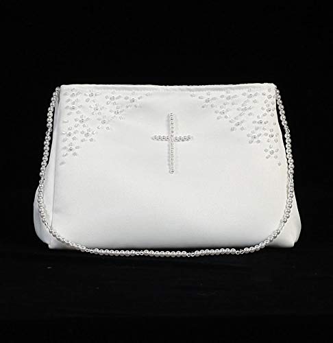 White Satin First Communion Purse Bags with Pearl and Cross Design2