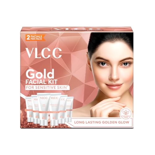VLCC Gold Facial Kit for Sensitive Skin – 60g | Alcohol & Paraben Free | Enriched with 24K Gold, Hyaluronic Acid & Vitamin C | Safe & Gentle for Sensitive Skin