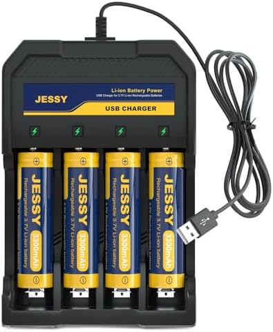 JESSY 18650 Rechargeable Battery Charger Set, 3.7Volt Rechargeable Battery Flat Top 3300mAh, Universal Smart Charger for 3.7V Lithium Batteries (4Pack Flat Top Battery+Charger)