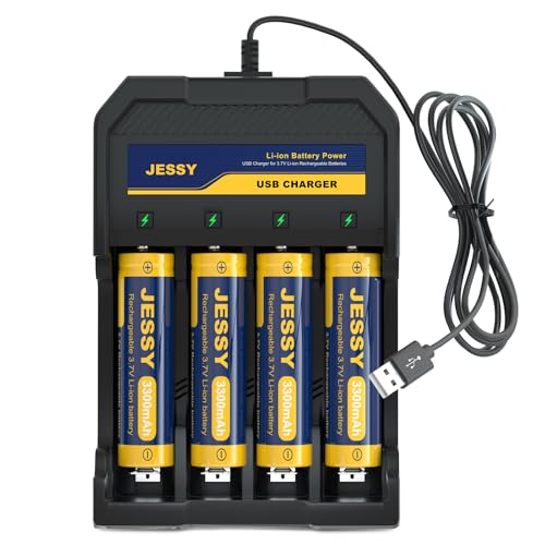 JESSY 18650 Rechargeable Battery Flat Top 3300mAh with 18650 Battery Charger, Universal Smart Charger for 3.7V Lithium Batteries 18650 (4Pack Flat Top Battery+Charger)
