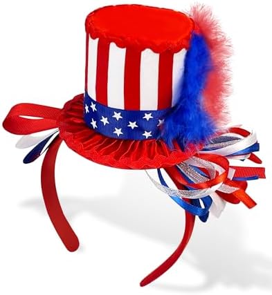Patriotic Mini Top Hat Headband Fascinator Women Men, Red White B...