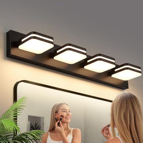 Image of Torondo 360 Rotate LED Bathroom Vanity Light Fixtures, Acrylic Vanity Lights for Bathroom, Modern Wall Lighting Fixtures Over Mirror Living, Matte Black, Warm White, 4-Light, 27-Inch