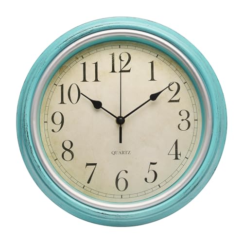 Retro Wall Clock 12 Inch Non-Ticking Silent Vintage Rustic Style Round Decor Clock Blue Battery Operated Classic Wall Clocks for Home/Hotel/Kitchen/Living Room/Bedroom