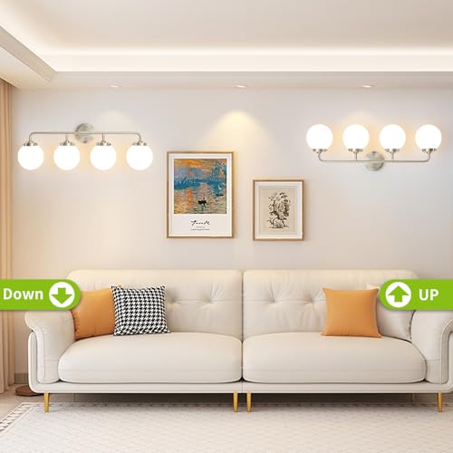 Image of Bathroom Light Fixtures Over Mirror, Brushed Nickel Modern Vanity Lighting with Milk White Glass Globe Shades 4-Light Farmhouse Wall Sconce