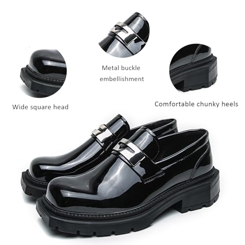 Men's Patent Leather Square Toe Platform Loafers Classic Slip-on Comfort Anti-Slip Lug Sole Low Chunky Heel Gothic Loafers for Business Work Driving Dress Casual Shoes4
