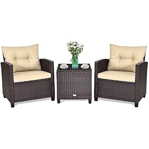GIANTEX Rattan Balkonmöbel Set 2 Personen, 3 TLG. Rattan Gartensitzgruppe Lounge Set, Gartenmöbel Set 2 Sessel mit Tisch, Gartengarnitur Sitzgruppe Gartenlounge Set mit Kissen (Beigem Kissen) Cover