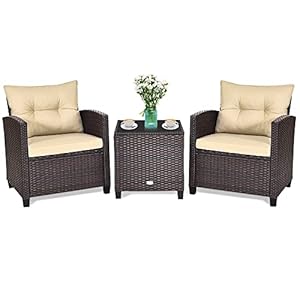 GIANTEX Rattan Gartenmöbel Set, Balkonmöbel Kleiner Balkon, Lounge Gartenmöbel Set, Balkon Möbel für 2 Personen, Gartenlounge Set 2 Sessel & Tisch, 3 tlg. Gartensitzgruppe inkl. Sitz- und Rückenkissen