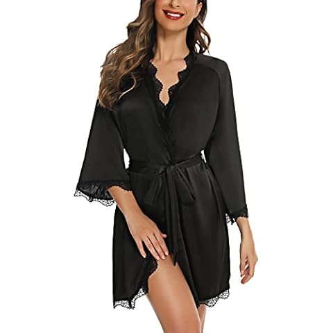 Aranmei Satin Dressing Gown for Women Lace Kimono Robe Lightweight Silk Bridesmaid Bride Bathrobe with Oblique V Neck, Black, M Cover