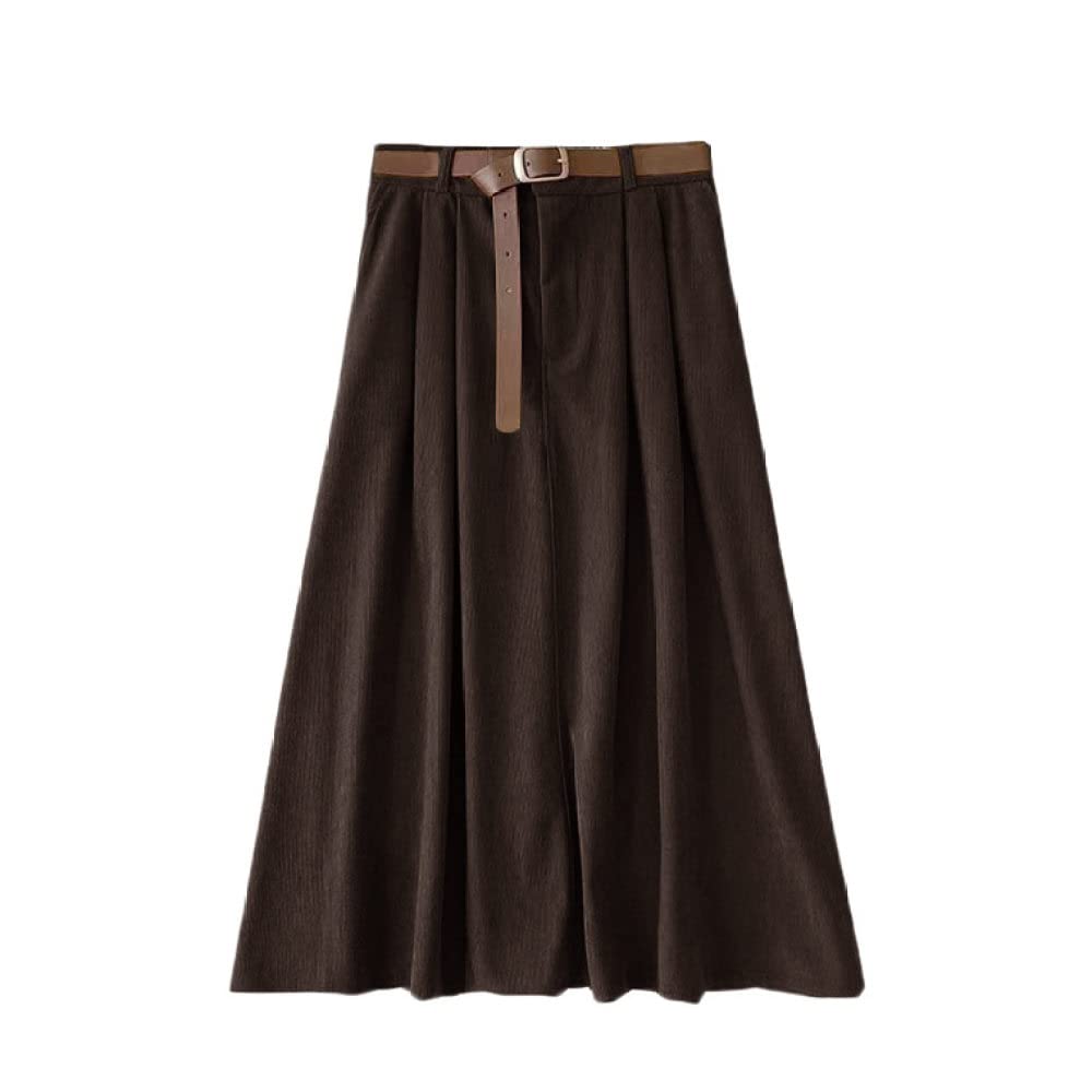 Spódnice dla kobiet Wielka Brytania, eleganckie sztruksowe czarne zimowe spódnice dla kobiet Elastyczna talia Midi z paskiem Damskie spódnice z wysokim stanem L(Coffee One Size)