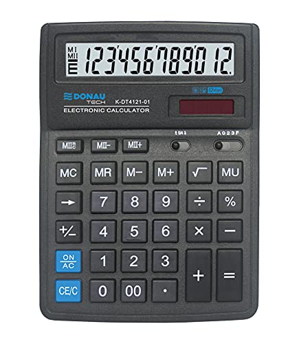 DONAU TECH/K-DT4121-01 Desktop Calculator 12-Digit Root Function 199 x 153 x 31 mm Colour: Black Calculator with 10-Digit Display Dual Power Solar Battery Operated Compact Design
