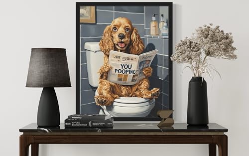 Image of Cocker Spaniel on Toilet Black Framed Wall Art Print Poster, Dog Bathroom Humor Decor Posters Prints for Restroom Home Picture Painting Artwork Gallery 7 (Cocker Spaniel, 10 inchL x 8 inchW, Black Frame)