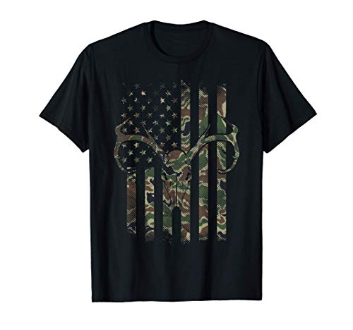 Camo American Flag Deer Skull Elk Hunting USA Hunter Gift T-Shirt