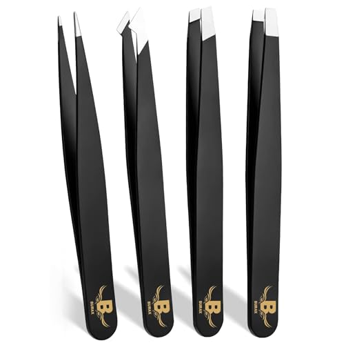 Professional Tweezers Set for Women & Men, 4-Piece Stainless Steel Precision Eyebrow Tweezers Kit with Slant, Pointed, Flat & Angled Tips, Facial Hair Remover for Eyebrows, Ingrown Hair (Black 4 PCS)