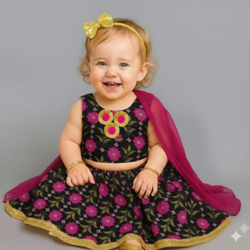 Image of A.T.U.N. (ALL THINGS UBER NICE) Baby Girls Cotton Ethnic Floral Lehenga Choli Set with Lace & Dupatta | Traditional 3-Piece Festive Outfit for Kids