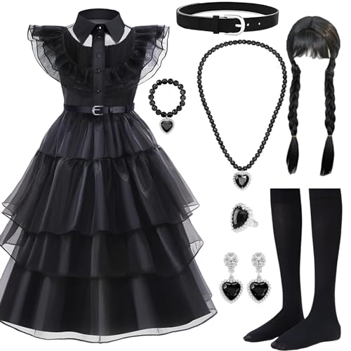 BNWRRCVKE Disfraz Halloween para Niña,8pzs.Halloween Disfraz Vestido con Peluca y Accesorios de Joyería,Disfraz Miercoles Niña,Vestido Negro de niña para Cumpleaños Cosplay Halloween Carnaval,130cm