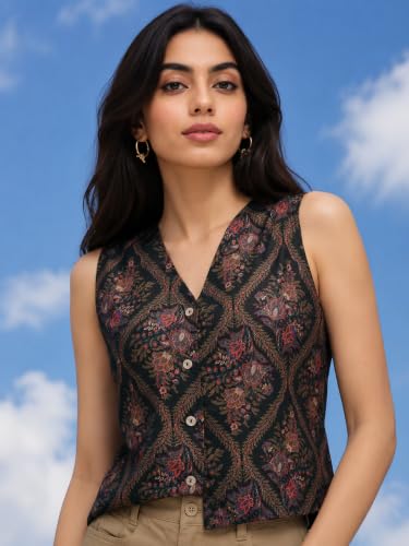 Image of Women's Printed Sleeveless Waistcoat Vest Top | V-Neck Button-Down Casual Floral Jacquard Waistcoat | Smart Casual Fashion Layering Top