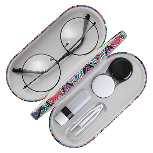 Image of MoKo Double Eyeglass Case, Contact Lens Case with Mirror Tweezers Remover, 2 in 1 Double Sided Portable Contact Lens Box Holder Container Storage Kit Sunglasses Pouch for Men & Women, Rhombic Datura