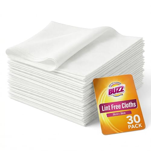 Buzz 30pk Lint Free Cloth 30cm x 30cm White Microfibre Reusable Cleaning Cloths for Oiling Wood Polishing Glass Wiping Screens Soft Dusting Rags for Kitchen Home and General Surface Cleaning