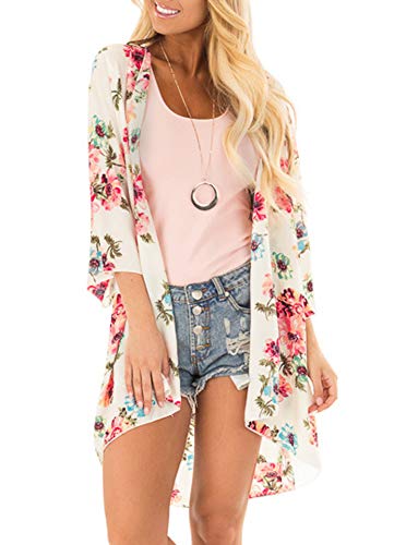 Women Floral Print Kimono Cover Up Sheer Chiffon Blouse Loose Long Cardigan Apricot Small