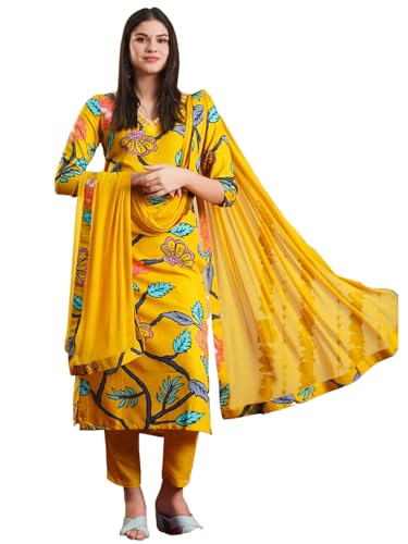 Image of GoSriKi Women's Rayon Blend Straight Printed Kurta with Pant & Dupatta