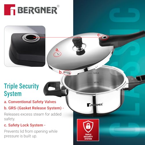 Image of Bergner Argent Elements Triply Stainless Steel 3.5 L Outer Lid Pressure Pan, Healthy Cooking, Even Heat Distribution, Sturdy Handle, Easy Lock System, Safety Gasket - Induction and Gas Stove Ready
