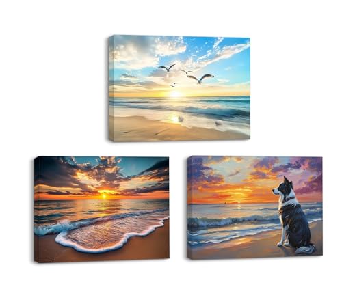 PIY PAINTING Paysage Tableaux En Toile, Lever De Soleil, Coucher De Soleil, Plage Mer Chien Tirages Sur Toile, Muraux En Canvas Pour Bureau Entrée Salle De Bain, Cadre...