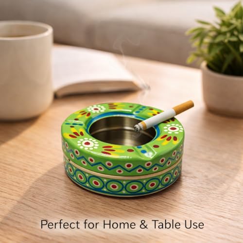 Image of iHandikart Handpainted Ash Tray 4x2 Inch | Metal Ashtray for Home, Table & Car Use | Multicolour Decorative Ashtray | Handmade Smoking Accessories for Indoor & Outdoor Use (Green)