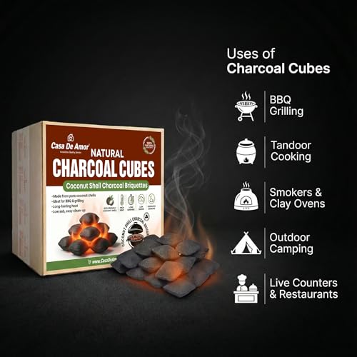 Image of Casa De Amor Natural Charcoal Cubes for BBQ, Grilling & Tandoor | Long Burning, Low Smoke, Odorless Coconut Shell Charcoal | Eco-Friendly Fuel for Barbecue & Outdoor Cooking (5 Kg)