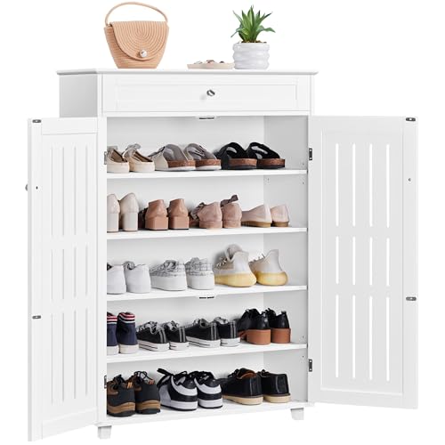 Yaheetech Shoe Cabinet, 5-Tier Wooden Shoes Storage Cabinet with Drawer, Shoe Rack Organizer with Door & Adjustable Shelves for Entryway, Hallway, White