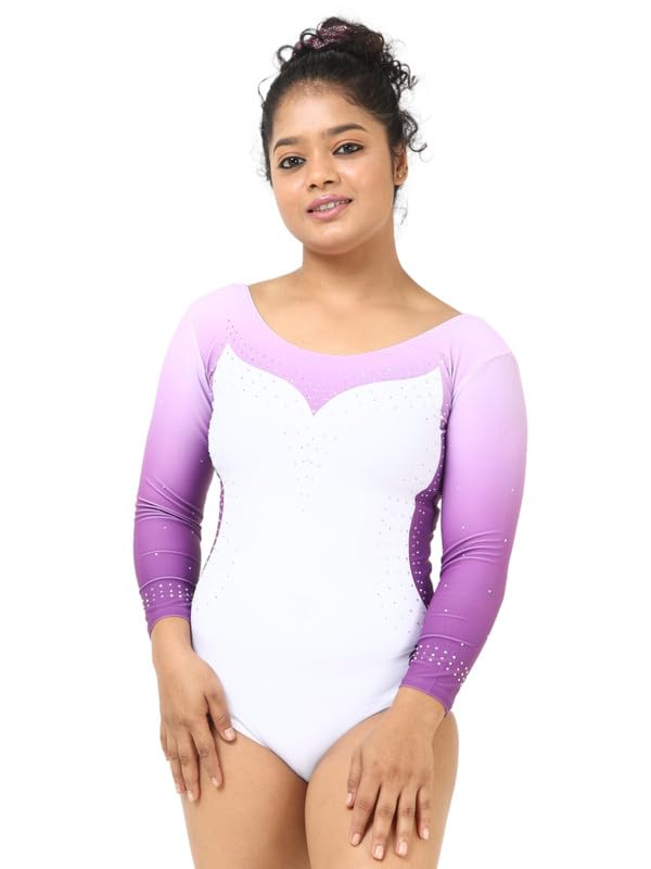 Image of IKAANYA Girls or Women Full Sleeves Rhinestones Leotard - Ideal for Gymnastics, Dance, Yoga, Acrobatics or Performance (Toddlers, Kids, Adults)