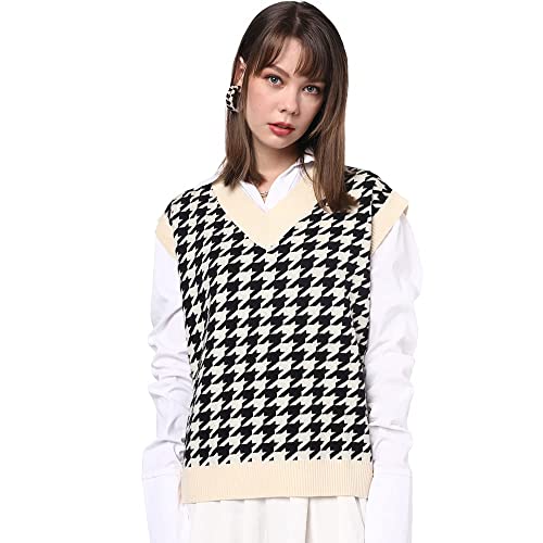 Zaful Women's V-Neck Sweater Vest Sleeveless Houndstooth Pullover Knitted Sweater (2-Light Coffee, M) #TOP1