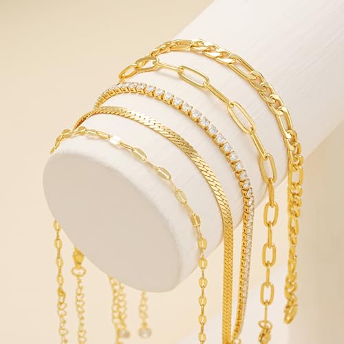 Image of iF YOU Gold Ankle Bracelets for Women, 14k Gold Plated Waterproof Cuban Link Chain Anklets Set, Layered Anklet Bracelets for Women Beach Gift Adjustable Size 5pcs