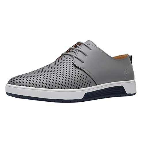 CsgrFagr Summer Style Men's Breathable Comfortable Business Lace Up Leisure Hollow Solid Leather Shoes Mens Nonslip Work Shoes Restaurant (Grey, 12)