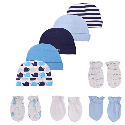 Newborn Baby Soft Cotton Organic Cap and Mitten Set Sunny Hatsfor Hospital Baby Boy and Girl(0-6 Months)
