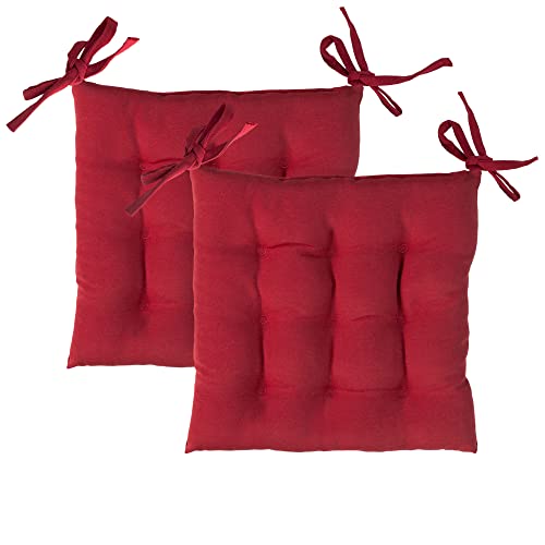 Komfortec Lot de 2 Coussins de Chaise 40 x 40 cm avec Rubans - 100 % Coton - 200 g/m² - Imperméable - pour l'intérieur et l'extérieur - Rouge Cover