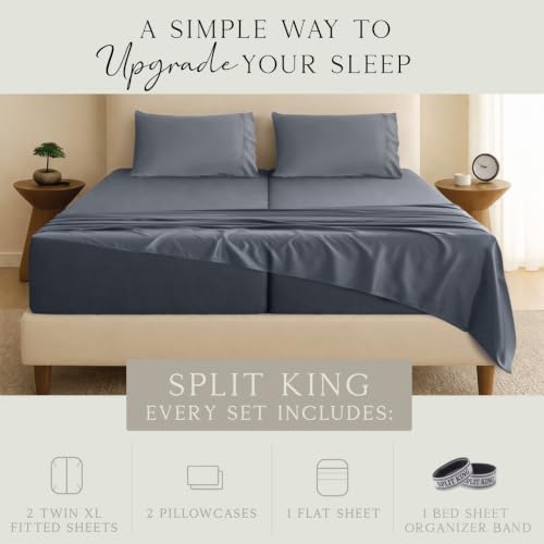 Image of KARISSA MAE Luxury Bamboo Viscose Split King Size Sheet Set, FSC Certified | Includes 2 Twin XL Fitted Sheets | Sleep Number & Adjustable Bed | Cooling | 18 inch Deep Pocket w / Corner Straps [Charcoal Grey]