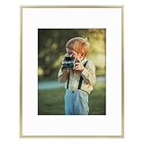 Frametory, Metal Picture Frame Collection, Aluminum Gold Photo Frame with Ivory Color Mat for Picture & Real Glass (11x14)