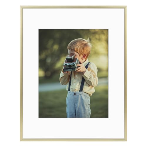 Frametory, 11x14 Gold Aluminum Picture Frame - Set of 1 - Ideal for Displaying 8x10 Photos with Mat or 11x14 Without Mat - Real Glass Front - Simple Gallery Wall Frames for Art Prints and Posters
