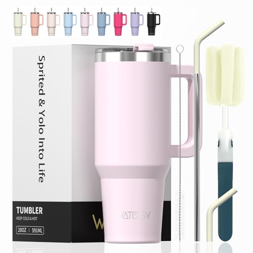 WATERSY 591 ml Vaso Termico con Pajita, Taza Termica de Acero Inoxidable, Termo Café Tapa, 20oz Taza de Café con Asa para Frío y Caliente, Travel Mug para Gimnasio, Viaje (Rose Quartz)
